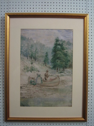 A Freeman, Canadian School?, watercolour drawing "Figures Landing in a Canoe with Forest in Distance" 19" x 12 1/2"