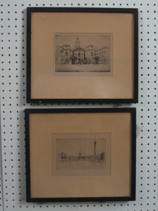An etching Horse Guards Parade and 1 other Trafalgar Square 4" x 62