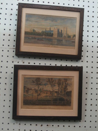 An 18th/19th Century coloured print "Lambeth Palace" and 1 other print "Islington" 4" x 7" contained in oak frames