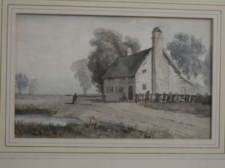 Reese? watercolour "Country Cottage with Pond and Figures" 6" x 9 1/2"