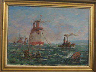 20th Century oil on canvas "Fishing Boat by a Bouy with Liner Being Tugged and other Vessels", monogrammed 10" x 13 1/2"