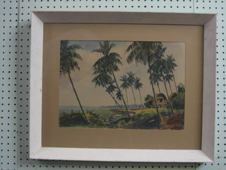 Charton, watercolour "Tropical Island with Buildings and Beach" 10" x 14"