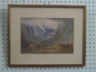 A Victorian watercolour "Snowy Mountain Scene with Walking Figures" 6 1/2" x 9"