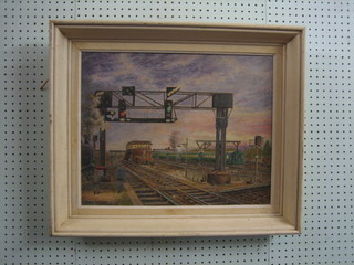 Max  Holfe, oil on board "Southern Region Railway Station with Signal Box, Electric Train and Steam Train" 15" x 19"