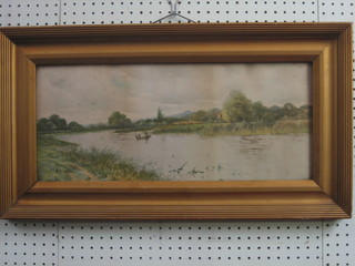 After George Oyston, a coloured print "River with Figures Punting" 9" x 21"