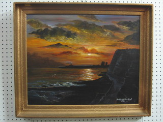 Geofrey Peniston-Bird, oil on board "Inlet Seascape" 16" x 20" signed and dated 1980, with press clippings to the reverse 