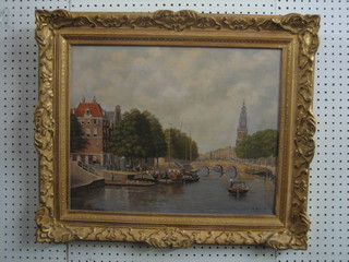 A Ply, Dutch oil on canvas "Canal Scene with Bridge"  15" x 19" (patch to centre)