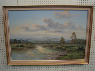 W Pular? oil on canvas "Moorland Scene with Flying Geese" 20" x 30"