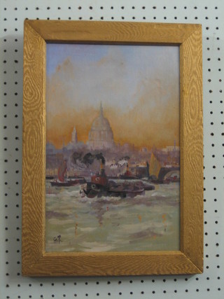 20th Century oil on board "Steaming  Thames Barge with St Pauls and London Bridge in background" 13" x 8"