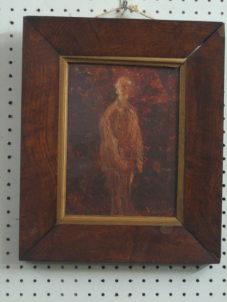 Vaughan, 20th Century oil on board, impressionist study "Standing Figure" 8" x 6" contained in a walnut frame