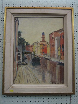 Joklnza, impressionist oil on board "Venetian Canal Scene" 20" x 14" signed