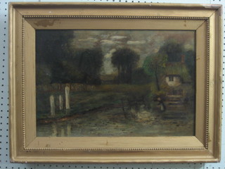 19th Century oil on canvas "Postman with Lady Standing by a River" 12" x 18" (re-lined)