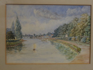 A 19th Century watercolour "River With Sailing Boats Bridge and Church in Distance" 8" x 11"