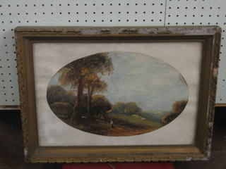 An 18th/19th Century naive oil painting on card "Rural Scene with Cottage and Figure" 8" oval