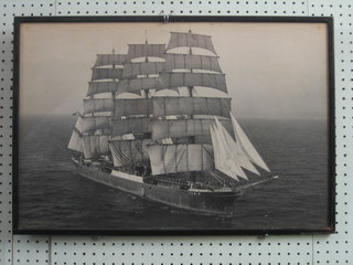 A black and white photograph of the Australian Merchant Sailing Ship Pamir in full sail, 16" x 24"
