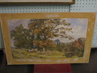 19th Century watercolour "Country Scene with Trees, Figure and Cattle" 12" x 20", indistinctly signed, unframed