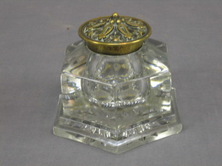 A large Victorian glass inkwell 3" with brass cap (chip to base)