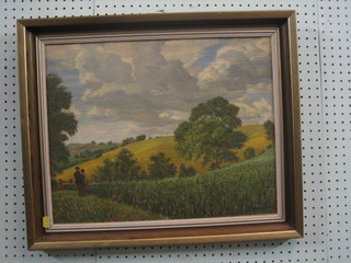 20th Century oil on board "Two Figures Standing in a Cornfield" 15" x 19"