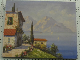 Oil on canvas "Continental Alpine Scene with Lake and Mountains" 15" x 20" (hole to top left hand corner) 