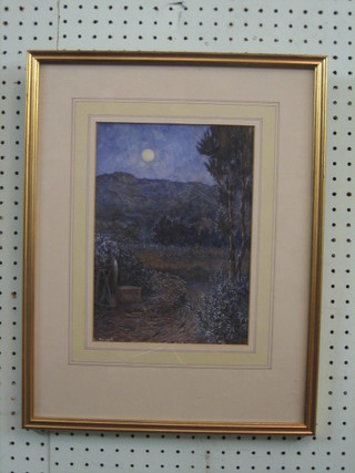 L Russell, watercolour drawing "Mountain Scene with Olive Grove at Dusk" 10" x 7 1/2"
