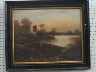 A Victorian oil  painting on board "Church by a Loch" 14" x 18"
