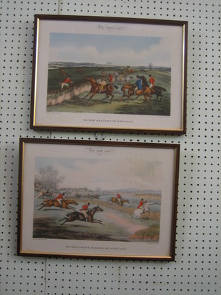A pair of reproduction Alken coloured hunting prints "To The Corners of England and To The Crack Rides of England" 9" x 13"