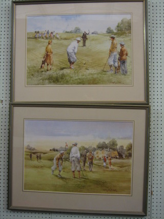 After Douglas F West, a pair of 1930's style coloured golfing prints 14" x 21"