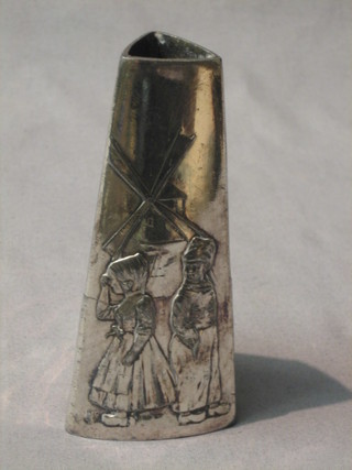 An Art Nouveau WMF silver plated triangular vase decorated a figure standing by a windmill, the base marked WMF EP 5"
