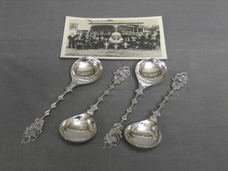 4 large silver spoons marked HMS Pembroke RC, the handles in the form of galleons, together with a black and white photograph of the recipient, 3 ozs