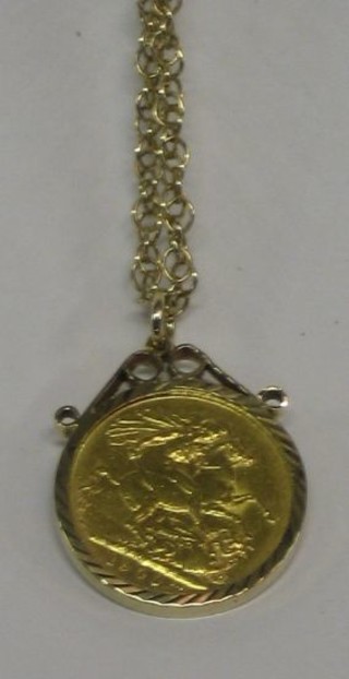 A Victorian 1900 half sovereign mounted as a pendant hung on a fine gold chain