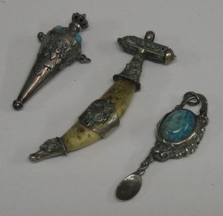 A Continental miniature silver flask, do. pendant in the form of a spoon and 1 other ivory and "silver" pendant