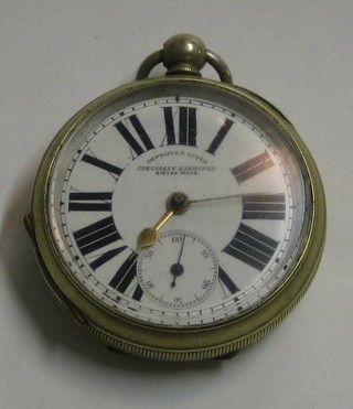 A Swiss open faced pocket watch with enamelled dial and Roman numerals contained in a silver plated case