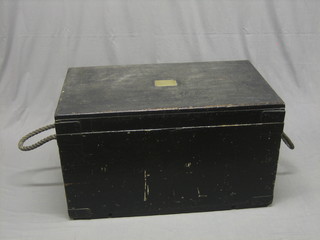 A 19th Century black painted camphor Seaman's chest with rope drop handles, the lid with brass plaque C Martin CPO, 38"