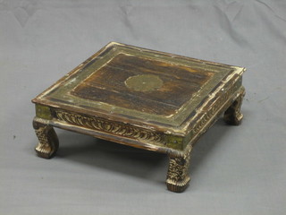 A square Eastern carved hardwood and metal bound table stand 50" raised on cabriole supports