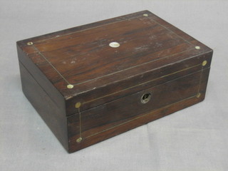 A Victorian rosewood trinket box with mother of pearl line inlay and hinged lid 10" (escutcheon missing)