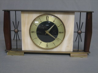 An Art Deco battery operated timepiece with gilt metal chapter ring contained in a white marble, wrought iron and teak case by Metamec