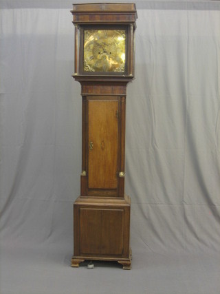 An 18th Century 30 hour longcase striking clock, the 12" square brass dial with gilt metal spandrels (2f) , minute indicator and calendar aperture by R Webster of Salop, contained in an oak case 77" high 