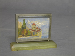 An Art Deco Continental bedroom picture clock in the form of a mountain castle in snowy landscape 4", signed Mersmann