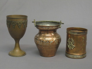 An Eastern copper and brass goblet 6", a copper pail and a cylindrical vase 4"