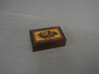 A wooden trinket box with hinged lid and Tunbridgeware decoration to the lid 5 1/2"