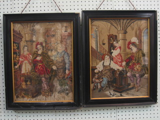 A pair of 19th Century Berlin woolwork panels depicting 17th Century Interior scenes 15" x 12" 