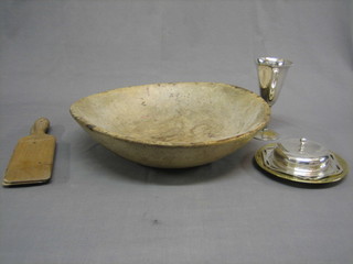 A circular wooden bowl 16", a pair of wooden butter pats, a silver plated goblet, do. butter dish and a circular brass plate
