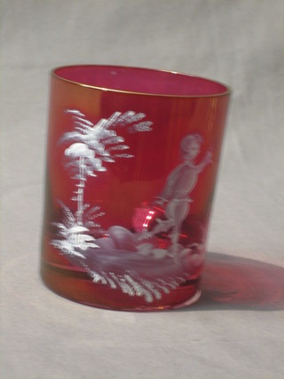 A Mary Gregory style red glass goblet decorated a walking figure 4" 