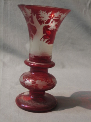 A 19th Century red Bohemian etched glass trumpet shaped vase 7" 