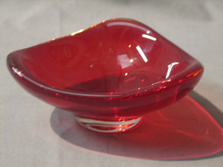 A 1960's Whitefriars triangular shaped red glass bowl 5"