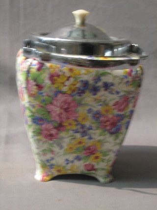 A Mid Winter floral pattern biscuit barrel with chromium plated mounts 6"