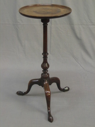 A 19th Century circular mahogany dish top wine table raised on pillar and tripod supports 12" (some damage and repair to top) 