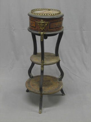 A 19th Century circular French ebonised and inlaid kingwood 3 tier jardiniere/planter with gilt metal mounts and gilt gallery, 13" (requires some attention)