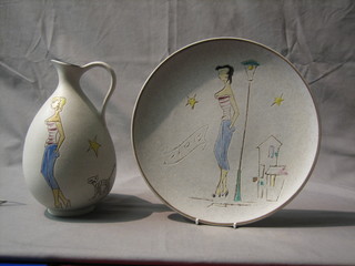 A circular Art Pottery plate depicting a girl by a lamp post 11", a do. jug decorated theatrical masks the base marked Ruscha 10"