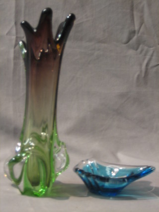 A blue glazed Art Glass ashtray 5" and a green Art Glass vase 11" 